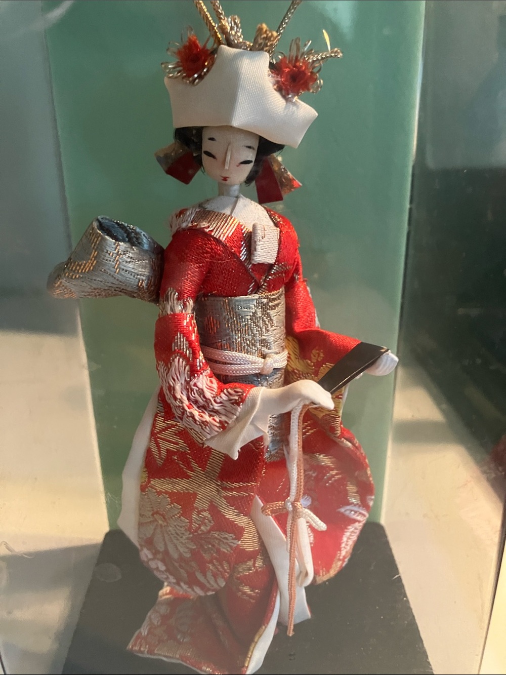 Red Japanese Geisha Doll Figurine with Silver Accents